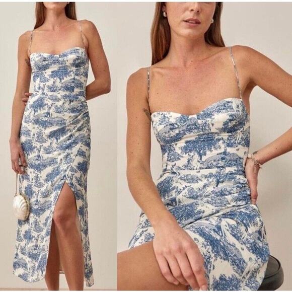 Reformation Dresses & Skirts - Reformation Kourtney Pastoral Side Slit Midi Dress Blue Size 12